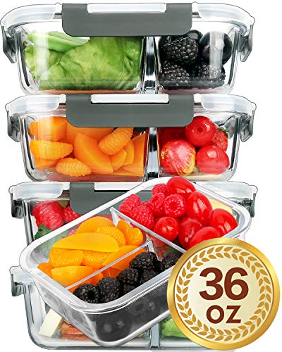 [5-Pack]Glass Meal Prep Containers 3 Compartment with Lids, Glass Lunch Containers,Food Prep Lunch Box,Bento Box,BPA-Free, Microwave, Oven, Freezer, Dishwasher (36 oz)