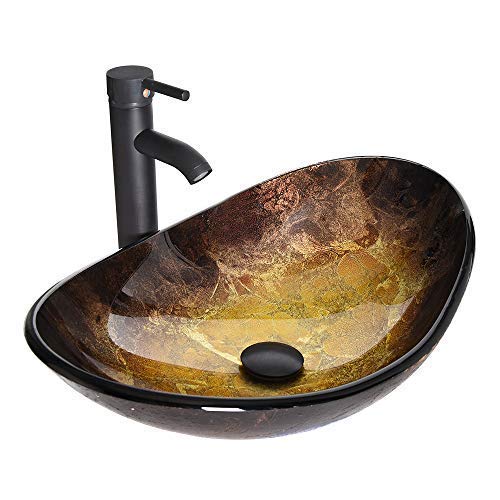 Boat Shape Bathroom Artistic Glass Vessel Sink Free Oil Rubbed Bronze Faucet Chrome Pop-up Drain,Gold ingot