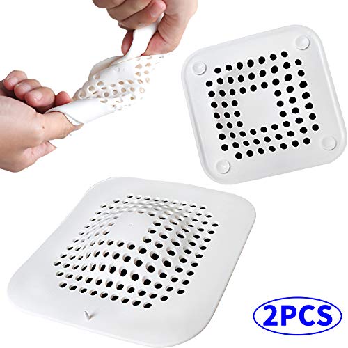 Calin Hair Catcher Shower Drain Protector Covers Square 2 Pack Durable Silicone Hair Stopper for Bathroom Bathtub Kitchen Sink Strainer, White