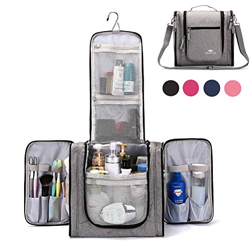 Large Hanging Travel Toiletry Bag for Men and Women Waterproof Makeup Organizer Bags wash bag Shaving Kit Cosmetic Bag for Accessories, Shampoo,Bathroom Shower, Personal Items Grey/Black