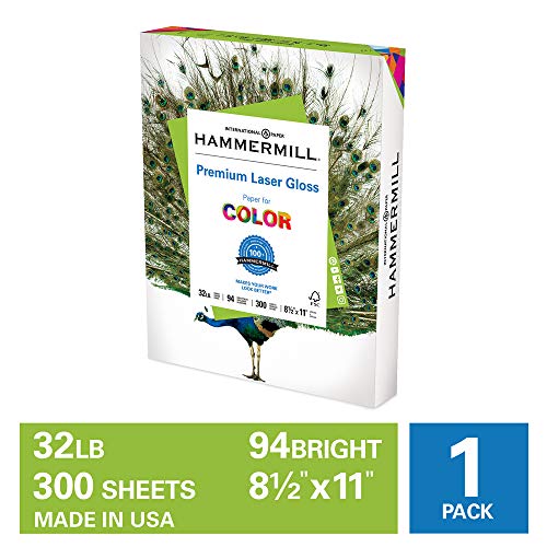 Hammermill Premium Laser Gloss 32lb Copy Paper, 8.5 x 11, 1 Pack, 300 Total Sheets, Made in USA, Sustainably Sourced From American Family Tree Farms, 94 Bright, Acid Free, 163110R