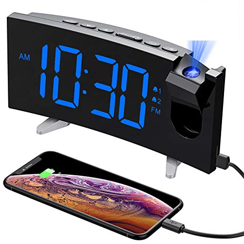 PICTEK Projection Alarm Clock, 15 FM Radio Alarm Clock, 5'' Large Curved LED Display, 6 Dimmer, Dual Alarm with 4 Alarm Sounds, Digital Clock for Bedrooms Ceiling, USB Phone Charger, Snooze