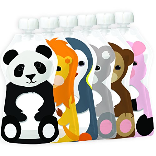 Squooshi Reusable Baby Food Pouches (6 Pack) Freezer & Dishwasher Safe Squeezable Pouches with Cute Animal Designs for Kids, Large - 5 Oz Pouches