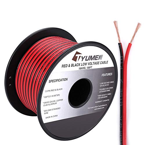 TYUMEN 100FT 18 Gauge 2pin 2 Color Red Black Cable Hookup Electrical Wire LED Strips Extension Wire 12V/24V DC Cable, 18AWG Flexible Wire Extension Cord for LED Ribbon Lamp Tape Lighting