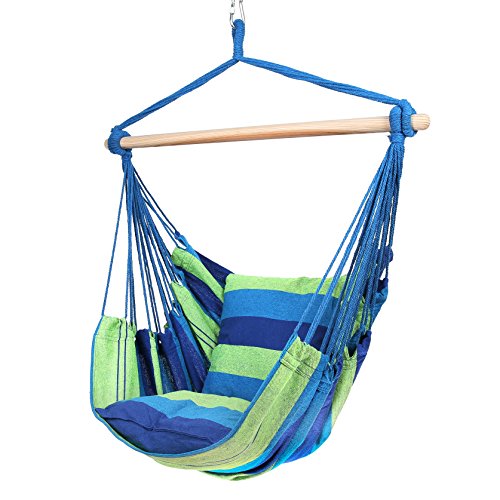 Blissun Hanging Hammock Chair, Hanging Swing Chair with Two Cushions, 34 Inch Wide Seat Blue & Green Stripes (Blue & Green Stripes)