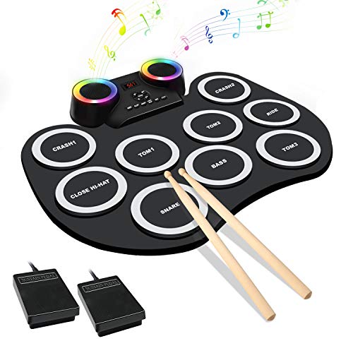 MoKasi Led Electronic Drum Pad Set - Electric Drum Set Roll Up Practice Mini Drum Machine Kit with Headphone Jack Built-in Bluetooth Speaker/Drums Stick/Foot Pedals/Battery Beginners Machine Kids Gift