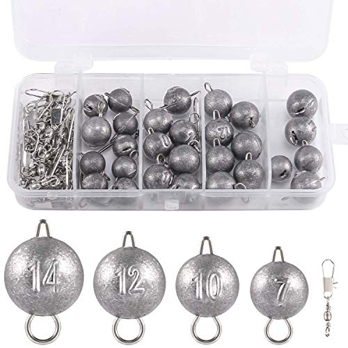 PLUSINNO Cannonball Fishing Weights Sinkers Kit 49pcs, Including 4 Sizes Cannonball, Fishing Swivel Snaps with Free Tackle Box