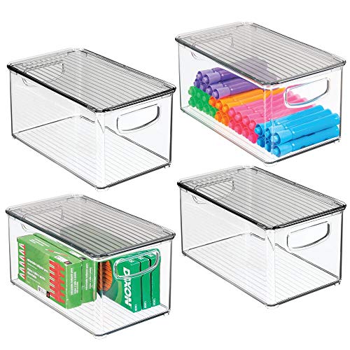 mDesign Plastic Stackable Office Storage Box Container with Handles, Lid for Home Office to Hold Gel Pens, Erasers, Tape, Pens, Pencils, Markers, Notepads, Highlighters - 4 Pack - Clear/Smoke Gray