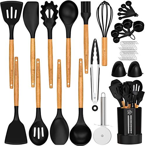 Silicone Kitchen Cooking Utensil Set, Fungun 26 Pcs Kitchen Utensils Spatula Set with Utensil Holder for Nonstick Cookware, BPA Free Non Toxic Cooking Utensils, Kitchen Tools Gift (Black)