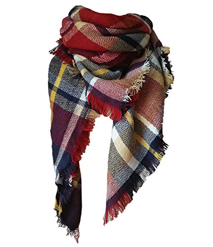 Qupish Plaid Blanket Winter Scarfs for Women Soft Warm Cozy Scarf Classic Chunky Oversized Wrap Shawl Scarves Gifts(Red)