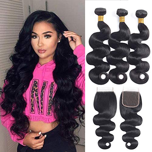 Body Wave Human Hair Bundles with Closure (12 14 16 +10) 8A Brazilian Virgin Hair 3 Bundles with Closure Natural Black Color