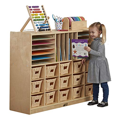 ECR4Kids Birch Multi-Section Storage Cabinet with Rolling Casters, Multipurpose Classroom Furniture, Hardwood Mobile Storage for Homeschool Supplies and Toy Storage