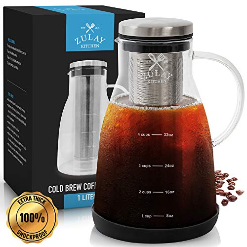 Airtight Cold Brew Coffee Maker with EXTRA-THICK Glass Carafe, Stainless Steel Mesh Filter and Non-Slip Silicone Base - Premium Iced Coffee Maker, Cold Brew Pitcher & Tea Infuser - by Zulay