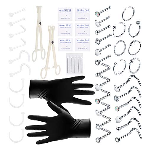 Neopaton 50PCS Nose Piercing Kit 20G Stainless Steel Piercing Kit Professional Body Piercing Kit Tool with Needles and Clamps Nose Rings Studs Piercing Jewelry Set