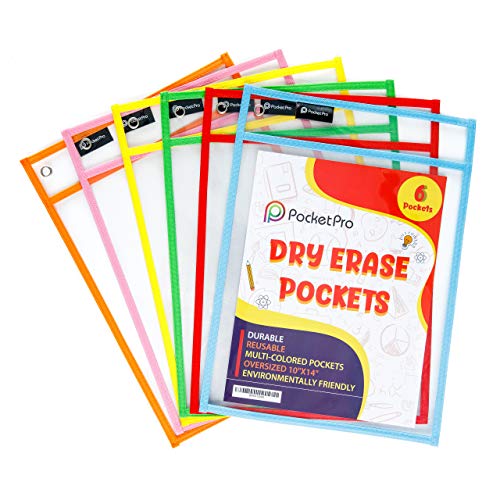 Pocket Pro 6 Dry Erase Pockets | Clear Plastic Reusable Sleeves | Multi-Colored Sheets | 10 x 14 inches | Teacher Supplies for Classroom Organization