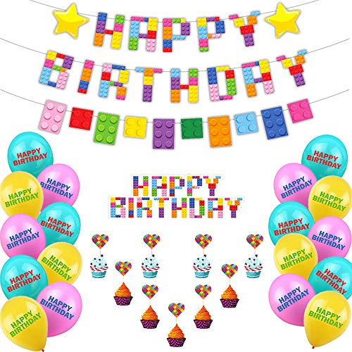 Heidman Building Blocks Themed Birthday Party Supplies Kit Brick and Block Colorful Birthday Party Decorations for Kid Boy Girl Include Banner Cake Topper Balloon 33pce