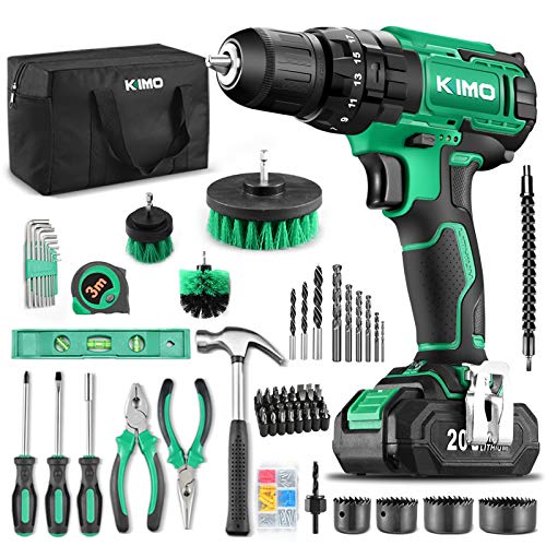 KIMO Cordless Drill Driver+ Kit, 20V Drill Driver Set w/Li-ion Battery/Charger, 68PCS Accessories, 3/8' Chuck, 350 In-lb Torque Drill Bits, Torpedo Level, Wire Pliers for Wood, Furniture Installation