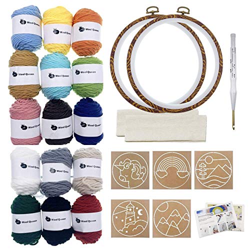 Wool Queen Punch Needle Beginner DIY Kit, 1 Punch Tool /15 Colors Yarn/Two 8.4'' Imitated Wood Hoops & Monk's Cloth and 5 Design Patterns for Kids Starters Craft Gift