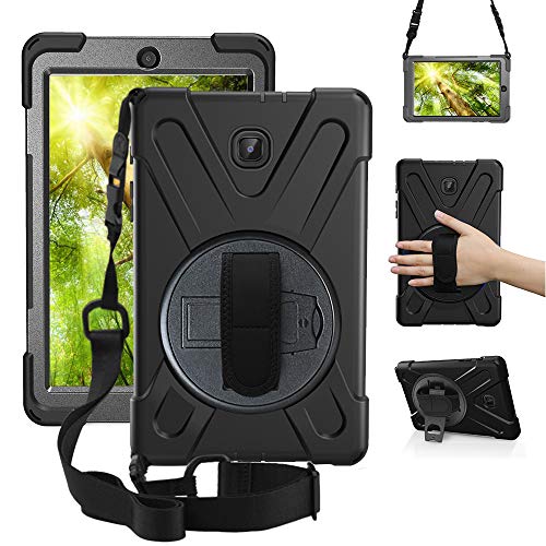 ZenRich New Galaxy Tab A 8.0 Case2018 SM-T387 Case 360 Rotatable w/Kickstand,Hand Strap & Shoulder Grip, zenrich Heavy Duty Shockproof Cover for Samsung Galaxy Tab A 8.0 T387 Verizon/Sprint Black