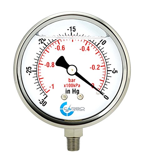CARBO Instruments 4' Pressure Gauge, Stainless Steel Case, Chrome Plated Brass Connection, Lqiuid Filled, Vacuum -30 Hg/0, Lower Mount 1/4' NPT