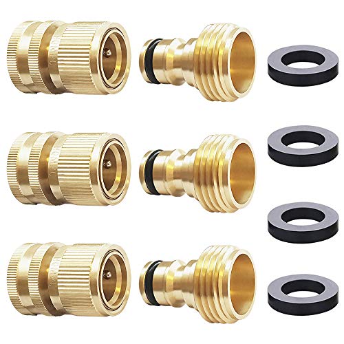 HQMPC Garden Hose Quick Connect Solid Brass Quick Connector Garden Hose Fitting Water Hose Connectors 3/4 inch GHT (3 SETS)
