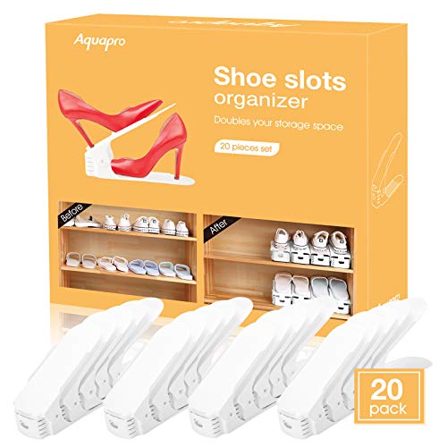 AQUAPRO Shoe Slots Organizer, Adjustable Shoe Stacker Space Saver, Double Deck Shoe Rack Holder for Closet Organization (20-Pack)(White)