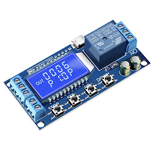 Timer Relay, DROK Time Delay Relay DC 5V 12V 24V Delay Controller Board Delay-off Cycle Timer 0.01s-9999mins Trigger Delay Switching Relay Module with LCD Display Support Micro USB 5V Power Supply