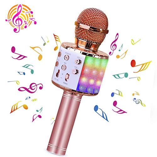 BlueFire Wireless 4 in 1 Bluetooth Karaoke Microphone with LED Lights, Portable Microphone for Kids, Best Gifts Toys for 4 6 8 10 12 Year Old Girls Boys (Pink)
