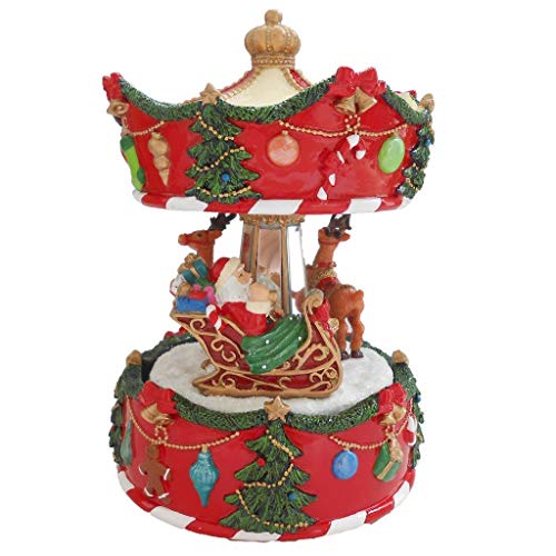 Lightahead 6 inch Santa on Sledge with Reindeer Musical Revolving Carousel Figurine Christmas Music Box in Polyresin