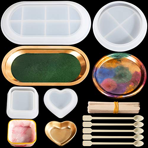 Tray Resin Molds, LEOBRO 4 Pack Geode Agate Tray Silicone Molds with 25 pcs Mixing Sticks, Epoxy Resin Casting Molds for Jewelry Plate, Rolling Tray, Geode Coaster, Soap Dish Making