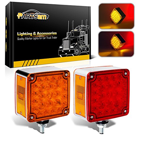 Partsam 2pcs Square Dual Double Face Fender Stop Turn Signal Tail 52 LED Amber/Red Truck Trailer Stud Pedestal Lights Waterproof Replacement for Volvo/Kenworth/Peterbilt/Freightliner/Western Star