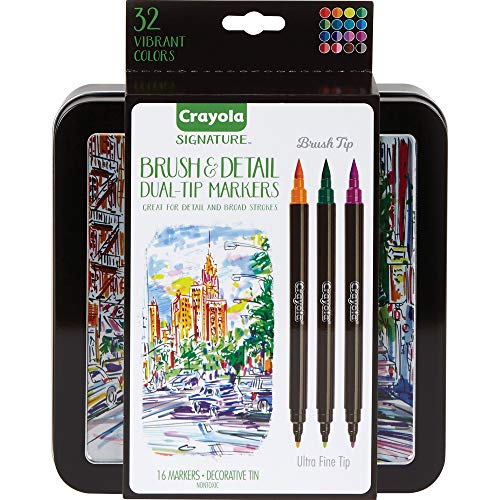 Crayola Brush & Detail Dual Tip Markers, Kids At Home Activities, 32 Colors, 16 Count, Multicolor