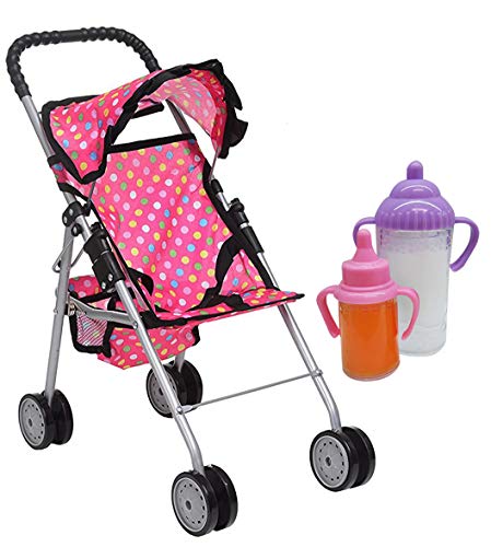Exquisite Buggy, My First Doll Stroller Pink & Off-White with Basket in The Bottom (Polka Dot)