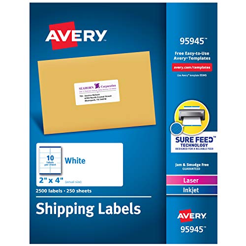 Avery Shipping Address Labels, Laser & Inkjet Printers, 2,500 Labels, 2x4 Labels, Permanent Adhesive (95945), White