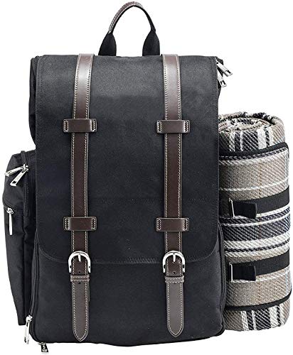 Picnic Backpack for 2 | Picnic Basket | Stylish All-in-One Portable Picnic Bag with Complete Cutlery Set, Stainless Steel S/P Shakers | Picnic Blanket Waterproof Extra Large| Cooler Bag for Camping