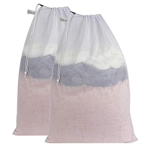 YEELEE Durable White Mesh Laundry Bag Drawstring Closure, Machine Washable Heavy Duty Clothes Collect Large Bag for College, Travel, Dorm, Apartment 24'x36'(2 Pack)