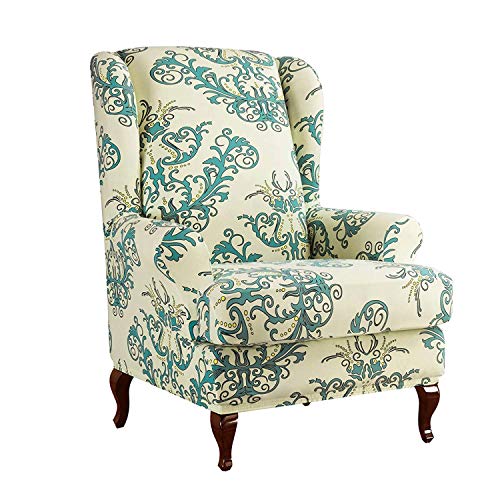 WAQIA Elegant Wing Chair Slipcovers Stretchy Wing Back Armchair Sofa Covers, Floral Printed Slipcovers for Wingback Chair Furniture Protector in Living Room, with A Seat Cushion Cover (Green)