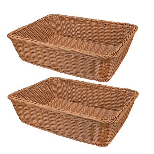 Yarlung 2 Pack Poly-Wicker Bread Basket, 16 Inch Woven Rectangular Food Fruit Vegetables Serving Basket for Home Kitchen, Restaurant, Outdoor