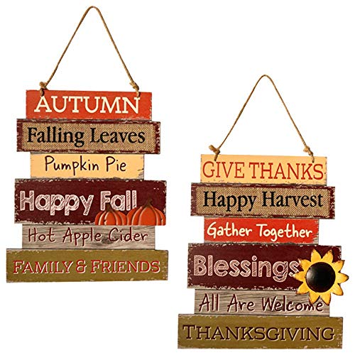 Hanizi Thanksgiving and Harvest Blessings Decorative Signs Plaques Fall Decoration Wooden Hanging Welcome Sign, 14 inches, Set of 2