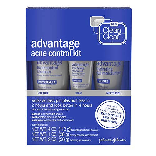 Clean & Clear Advantage Acne Control Kit with Benzoyl Peroxide, Includes Daily Face Wash, Fast Acting Treatment & Hydrating Gel Moisturizer for Acne-Prone Skin, Oil-Free & Non-Comedogenic, 3 piece