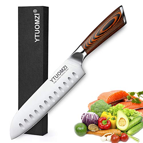 Santoku Knife - 7' Kitchen Knife Ultra Sharp Asian Knife Japanese Chef Knife - Vegetable Knife Cutlery - Hollow Ground German Steel Blade - Pakkawood Handle