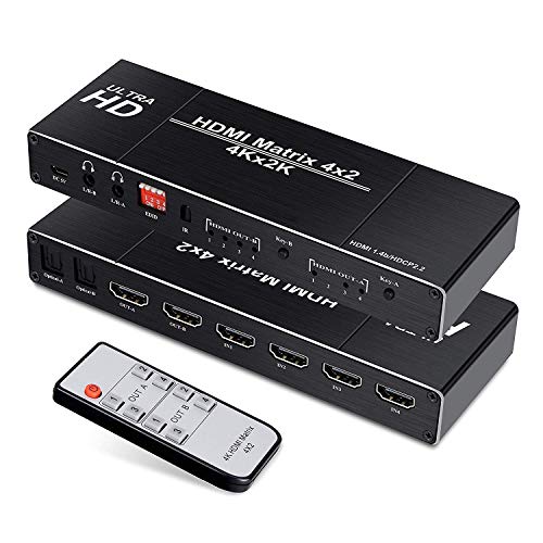 4K HDMI Switch Splitter 4 in 2 Out, AuviPal 4x2 HDMI Matrix Switch with Audio Output Ports (Optical + 3.5mm Stereo) Support Ultra HD 4K x 2K, 3D 1080P with EDID Management and IR Remote