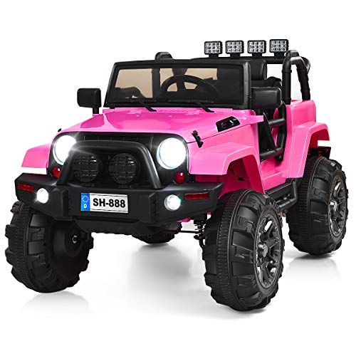 Costzon Ride On Truck, 12V Battery Powered Electric Ride On Car w/ 2.4 GHZ Bluetooth Parental Remote Control, LED Lights, Double Open Doors, Safety Belt, Music, MP3, Spring Suspension (Pink)