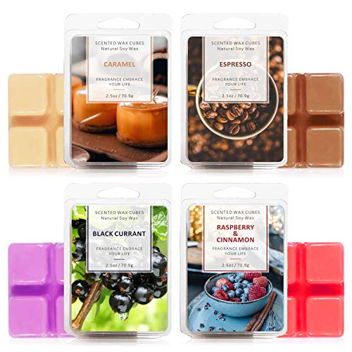 LA BELLEFÉE Scented Wax Cube 4 Packs Food Scented Wax Melts Natural Soy Wax Cube for Warmer(4x2.5oz, Caramel, Espresso, Raspberry & Cinnamon, Black Currant ）
