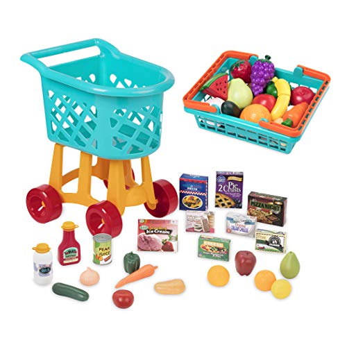 Battat - Toy Shopping Cart with Basket, Pretend Play Food, & 2 Cutting Boards for Kids 3 Years + (60Pc)