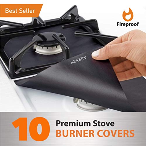 10 pack, gas stove protector, stove burner liners, stovetop range protectors, set top burner covers black, size 10.6” x 10.6”  non stick reusable cover easy to clean, double thickness