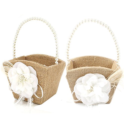 Awtlife 2PCS Burlap Flower Girl Basket Pearl Handle for Vintage Rustic Wedding Ceremony