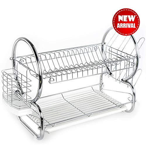 Tahlegy Modern Design Durable Chrome Large Capacity 2 Tier Dish Drying Rack,Cutlery Drainer