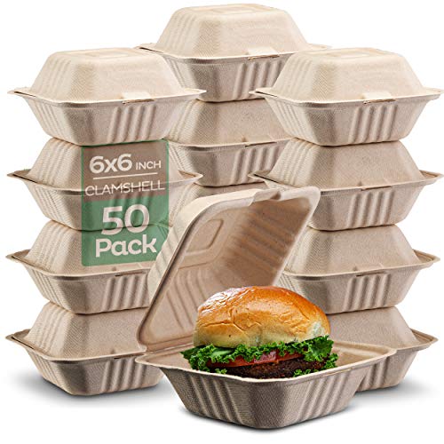100% Compostable Clamshell Take Out Food Containers [6x6' 50-Pack] Heavy-Duty Quality to go Containers, Natural Disposable Bagasse, Eco-Friendly Biodegradable Made of Sugar Cane Fibers