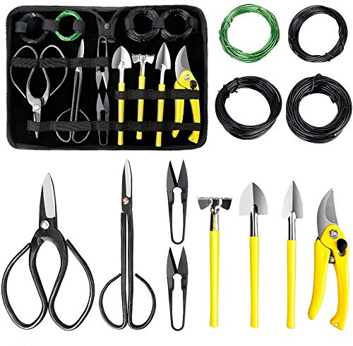 MOSFiATA Bonsai Tools Set 13 Pcs High Carbon Steel Succulent Gardening Trimming Tools Set Include Pruning Shears, Scissors, Mini Rake, Round and Pointed Shovel &Training Wire in PU Leather Bag